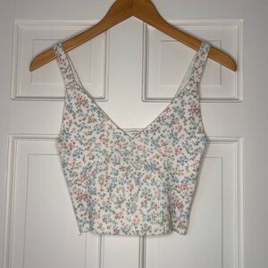 Zara Blue and Pink Floral Knit Crop V Neck Tank Top Size S